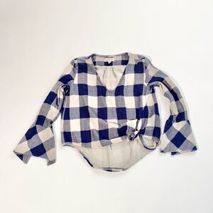 Cloth & Stone blue check tie front gauzy blouse